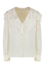 Carica l'immagine nel visualizzatore di Gallery, Blusa con maxi collo in jacquard di seta e pizzo