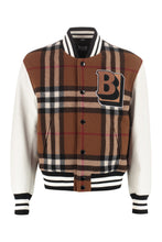 Load image into Gallery viewer, Wool bomber jacket with patches and leather sleeves
