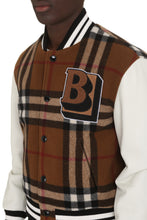 Load image into Gallery viewer, Wool bomber jacket with patches and leather sleeves
