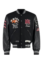 Carica l'immagine nel visualizzatore di Gallery, Bomber in lana con patch e maniche in pelle

